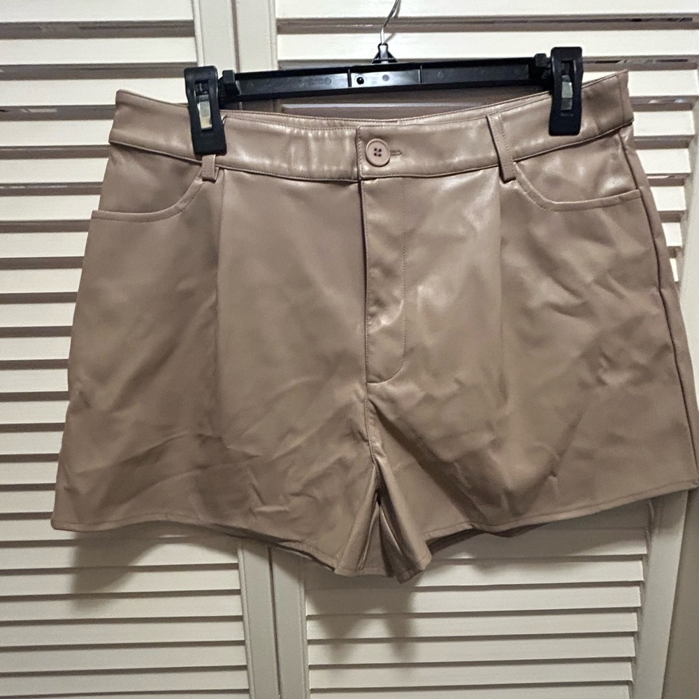 Le Lis High Waist Tan Faux Leather Shorts